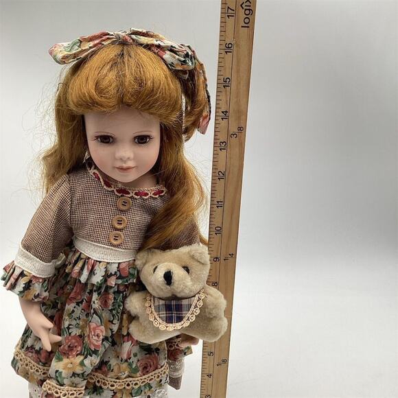 Vintage 16" Porcelain Doll with Teddy Bear & Floral Dress - Picture 10 of 11